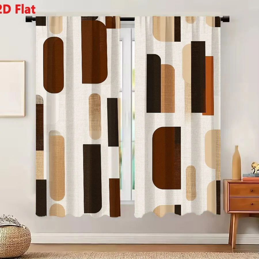 2Pcs Curtains 2D Flat Modern Abstract Geometric Pattern With Rounded Rectangles And Vertical Bars In Warm Earthy Tones On Textur
