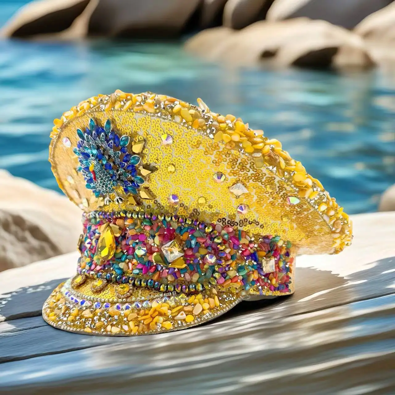 HongLuan gele glitter kapitein hoeden strass voor muziekfestival vrouw, carnaval kostuum hoed volwassene, cosplay vrouwelijke accessoires