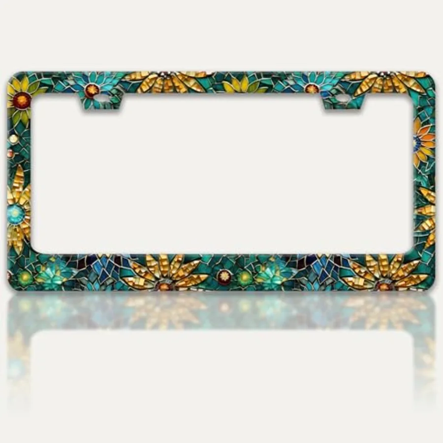 

Beautiful Glass Flowers License Plate Frame Colorful Floral License Plate Holders Funny Stainless Steel Auto Accessory Bracket