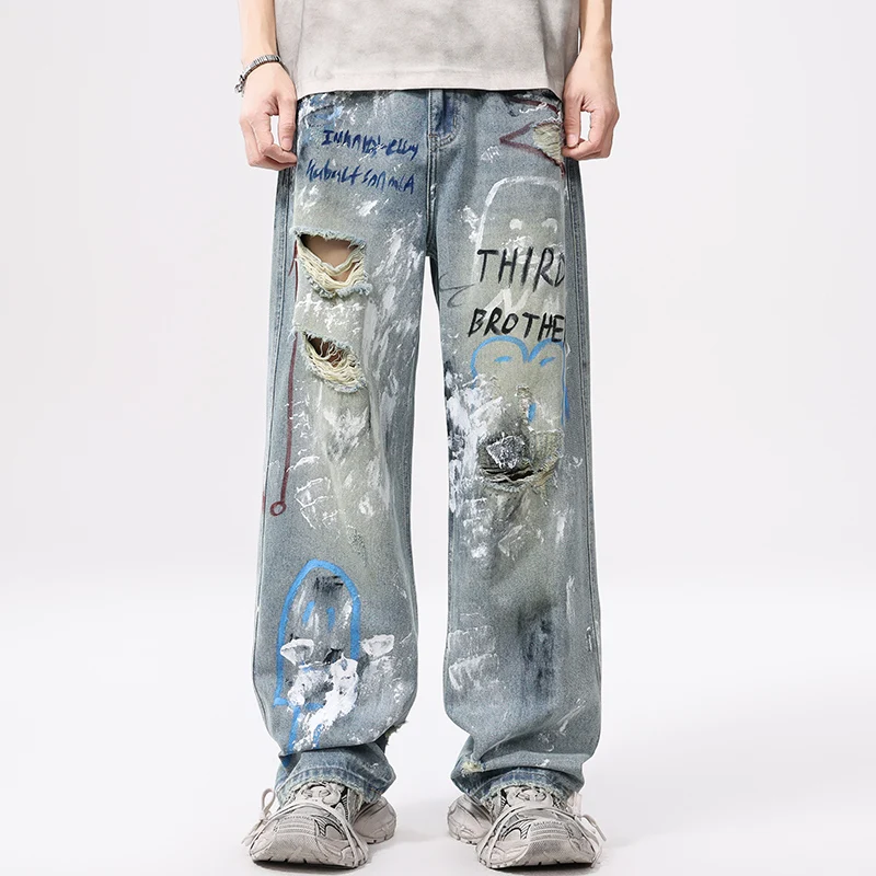 Men Graffiti Print Hole Streetwear Fashion Hip Hop Loose Casual Denim Ripped Jeans Pants Cityboy Top Quality Dirty Jeans Trouser