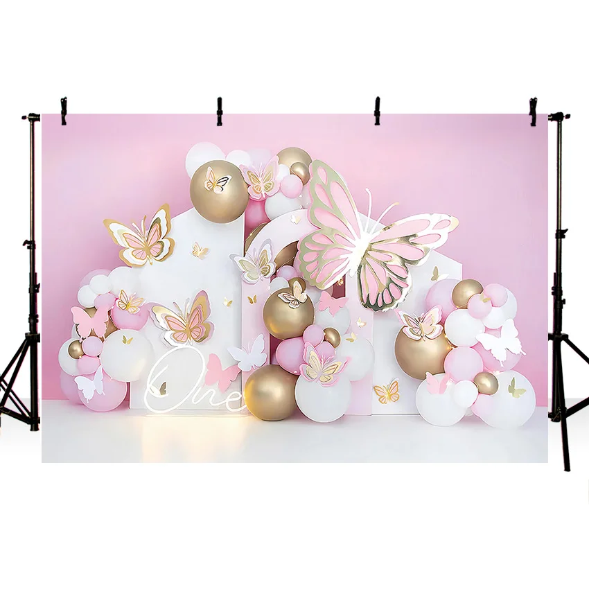 Mehofond Photography Background Pink Butterfly Balloon Baby Princess Girl Birthday Party Cake Smash Decor Photo Backdrop Studio