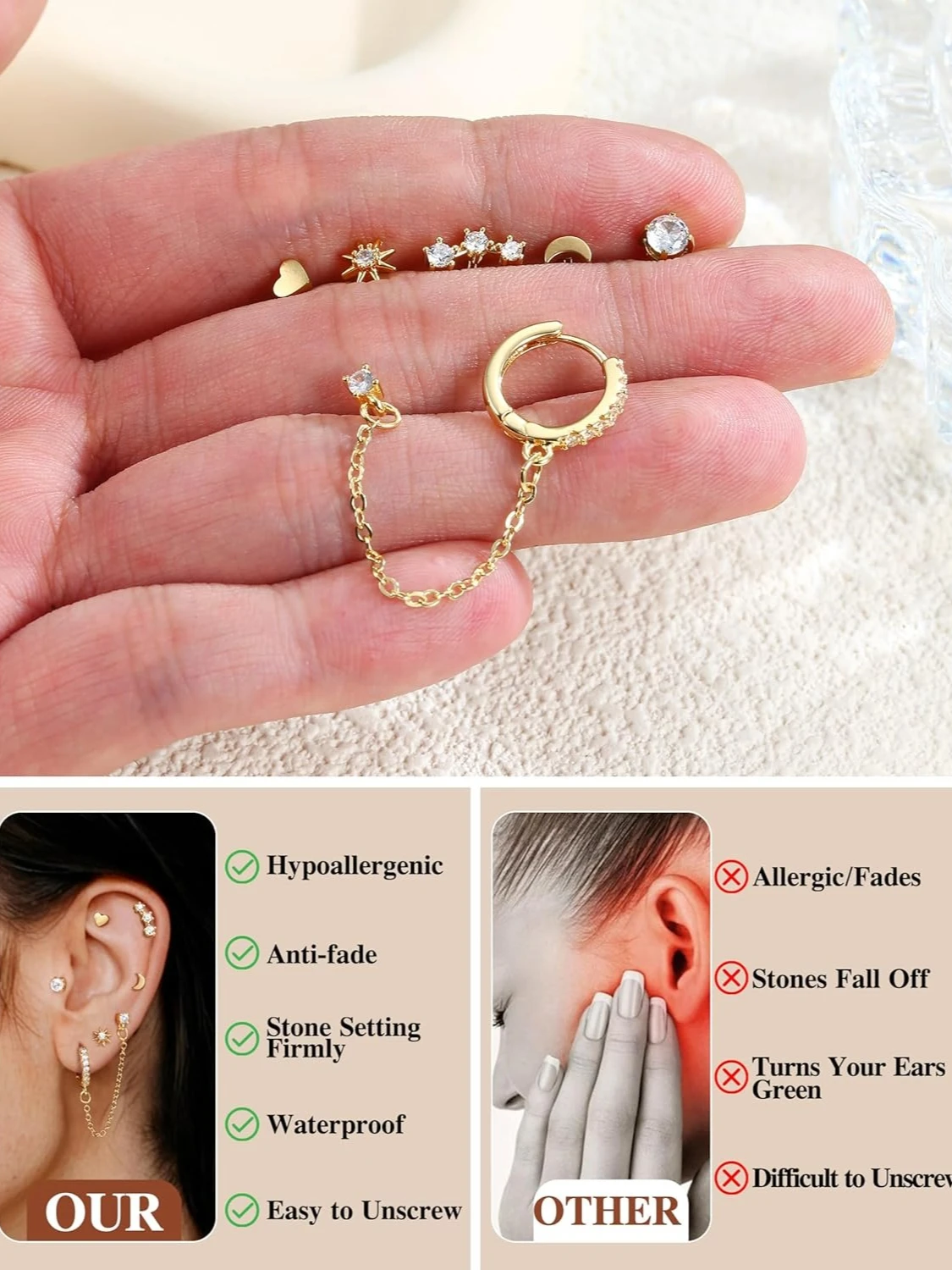 Bobisty 6 Pairs 14K Gold Plated Flat Back studs Earrings for Women Men Hoop Earrings Stacks Cartilage Piercing Jewelry
