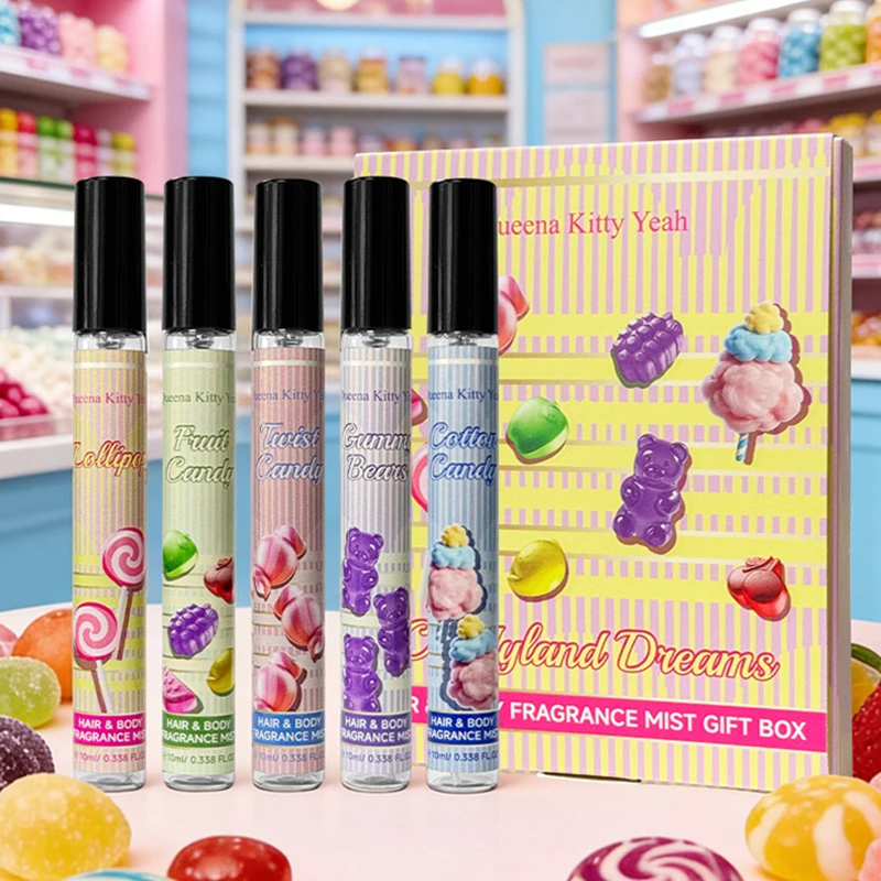 

Sweet Candy Perfume Set Fresh Fruit Cotton Candy Gummy Scent 5pcs Long Lasting Fragrance Mist Gift Box For Women