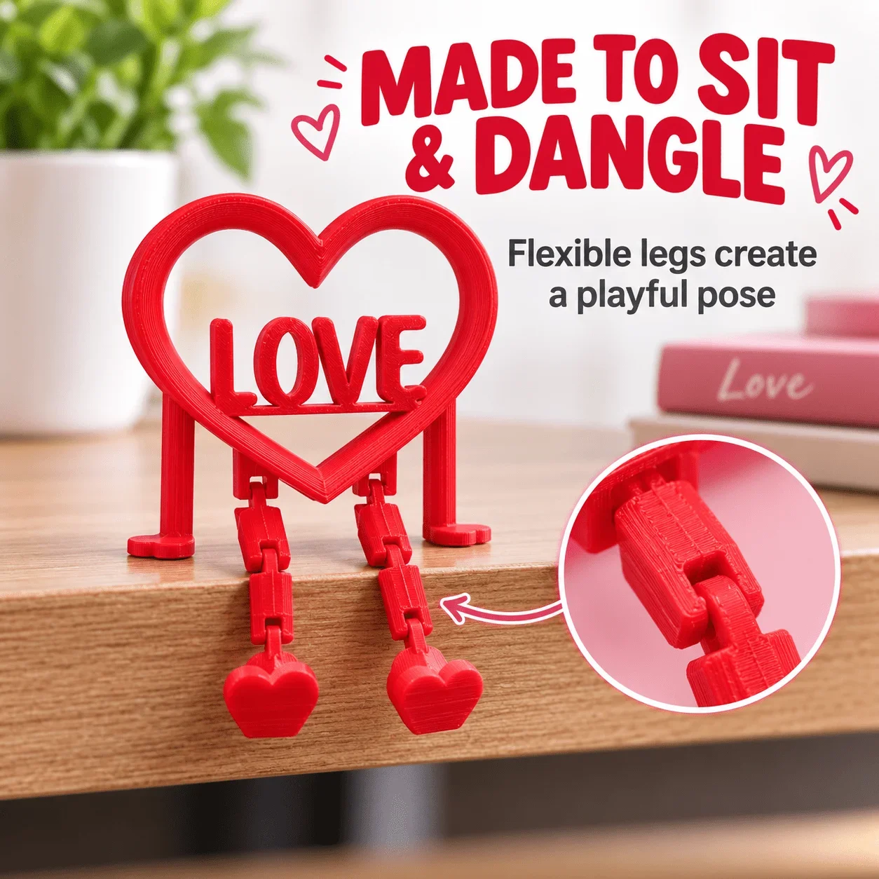 LOVE Heart Shelf Sitter with Dangling Legs, Cute Valentine's Day Desk Decor, Small Romantic Gift for Home Office