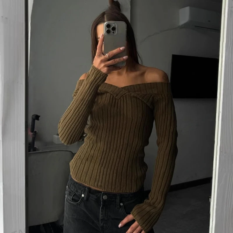

American retro olive green slimming off shoulder versatile slim fit spicy girl pullover knitted sweater for women