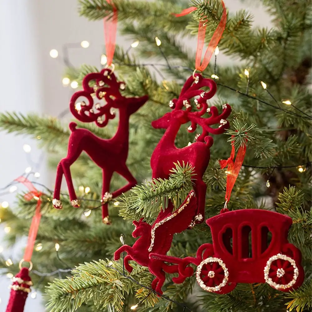 

Wine Red Christmas Snowfall Deer Pendant Flocking Cartoon Xmas Tree Hanging Ornaments Elegant Wreath Butterfly Knot Elk