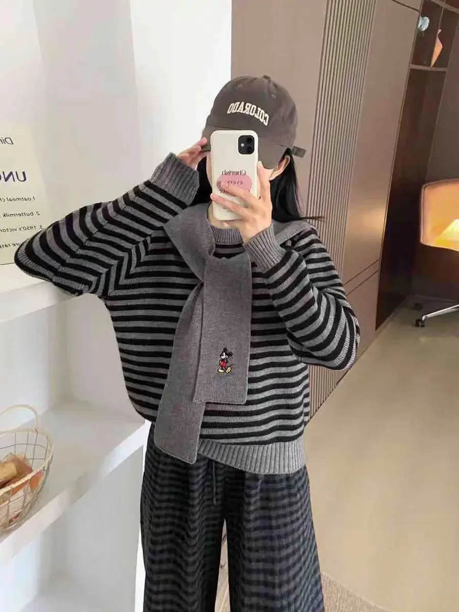 Весна 202, свободный женский полосатый трикотаж, дизайн Sensation для похудения, универсальный корейский зимний теплый длинный све, круглый Ne