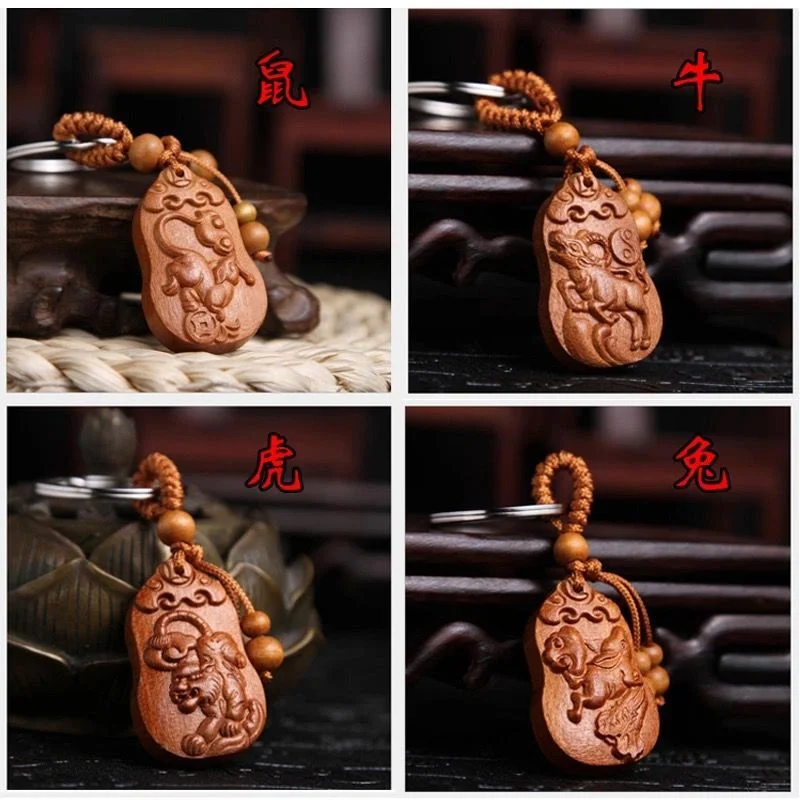 سلسلة مفاتيح مع قلادة ، مصنوعة من الخشب ، البروج ، الماوس ، البقر ، النمر ، الأرنب ، التنين ، الثعبان ، الحصان ، الأغنام ، القرد ، الدجاج ، الخنزير ، سلسلة مفاتيح السيارة