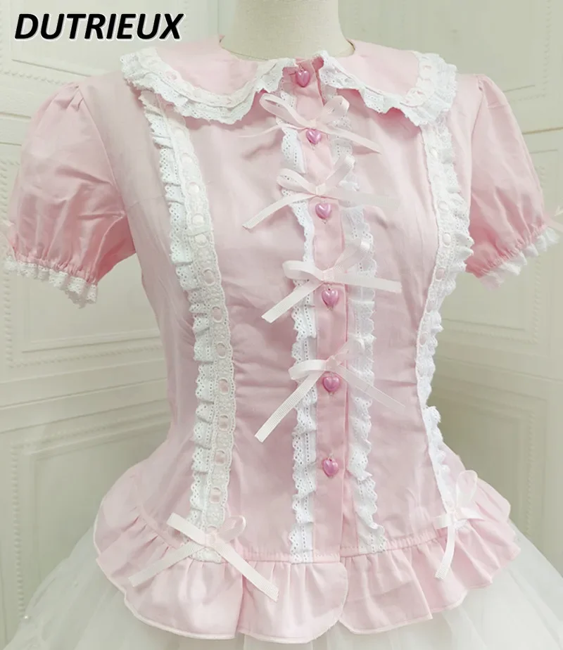 Sweet and Cute Girls Short-sleeved Versatile White Shirt Summer New Single-breasted Blouse Doll Collar Waist Slimming Tops