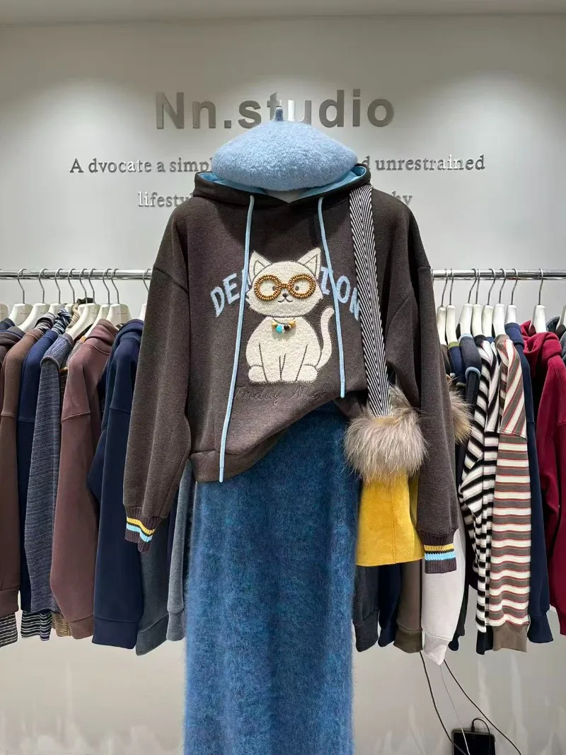 متعة لطيف القط هوديي تصميم صوف مبطن سميكة البلوز المرأة الشتاء الشباب فضفاض التخسيس طويلة الأكمام هوديس معطف #6