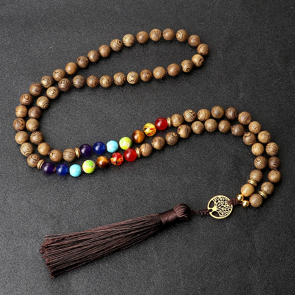 Wood Beads Prayer Necklaces Handmade 7 Chakra Reiki Healing Life Tree Pendant 108 Mala Necklaces Fashion Momen Men Jewelry Gifts