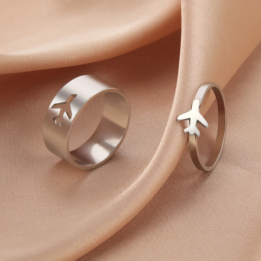 Kkjoy Fashion Silver Color Stainless Steel Airplane Love Couple Set Ring For Women Lightning Adjustable Jewelry Gift Wholesale