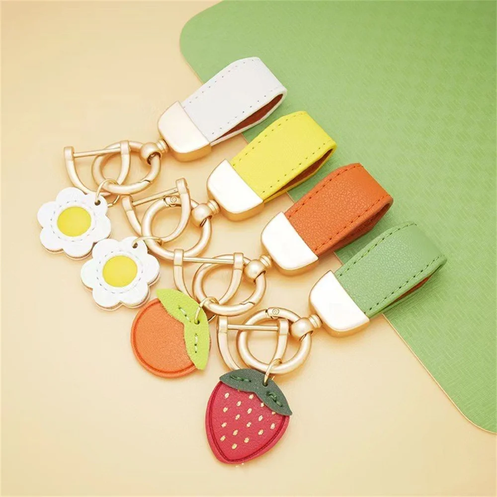 LLavero de cuero de alta calidad, hoja verde, naranja, bendición brillante, futuro, frutas, buena cosa, amigo, cacahuete, caqui, fruta