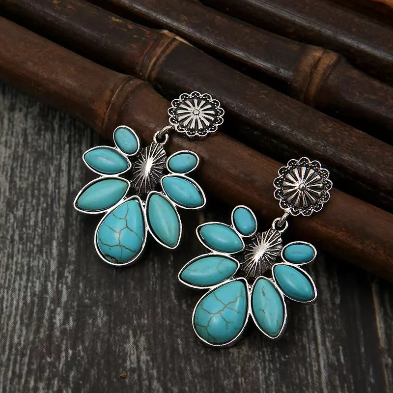 Free Shipping Vintage Natural Turquoise Dangle Earrings For Women Jewelry Trendy Stone Silver Color Party Gift