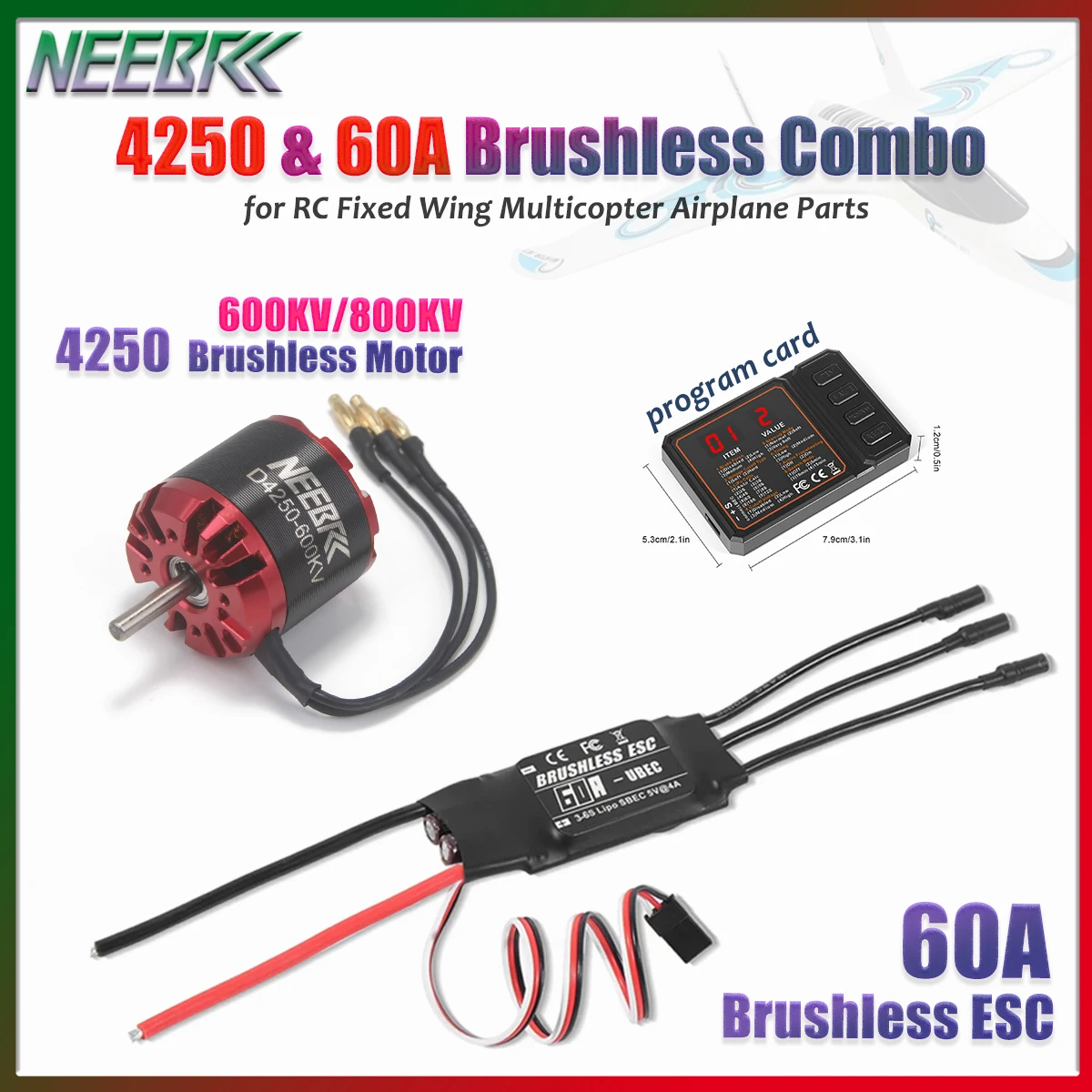 NEEBRC 4250 600KV 800KV Outrunner Brushless Motor 3-6S 60A ESC Program Card for RC Fixed-wing Plane Quadcopter Multirotor Drone