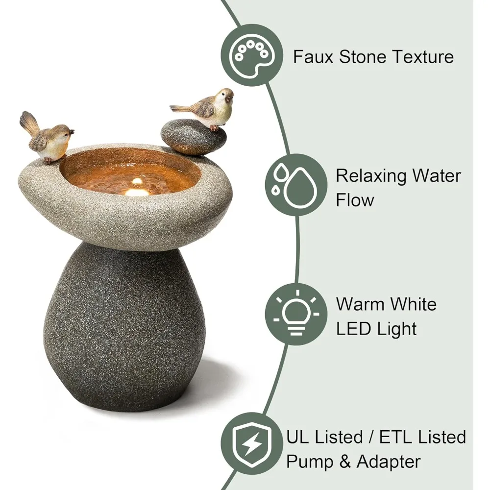 Imagem -03 - Fonte de Água ao ar Livre com Luz Led e Bomba Zen Estilo Faux Stone Textura Birdbath Outdoor Bird Decor 2075 h