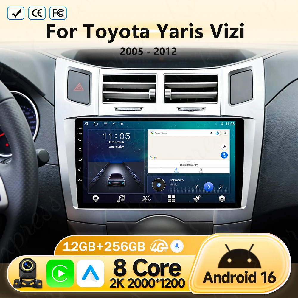 

Мультимедийный проигрыватель Carplay для Toyota Yaris Vizi 2005-2012, Bluetooth автомагнитола, Android 16, GPS-навигатор 4G