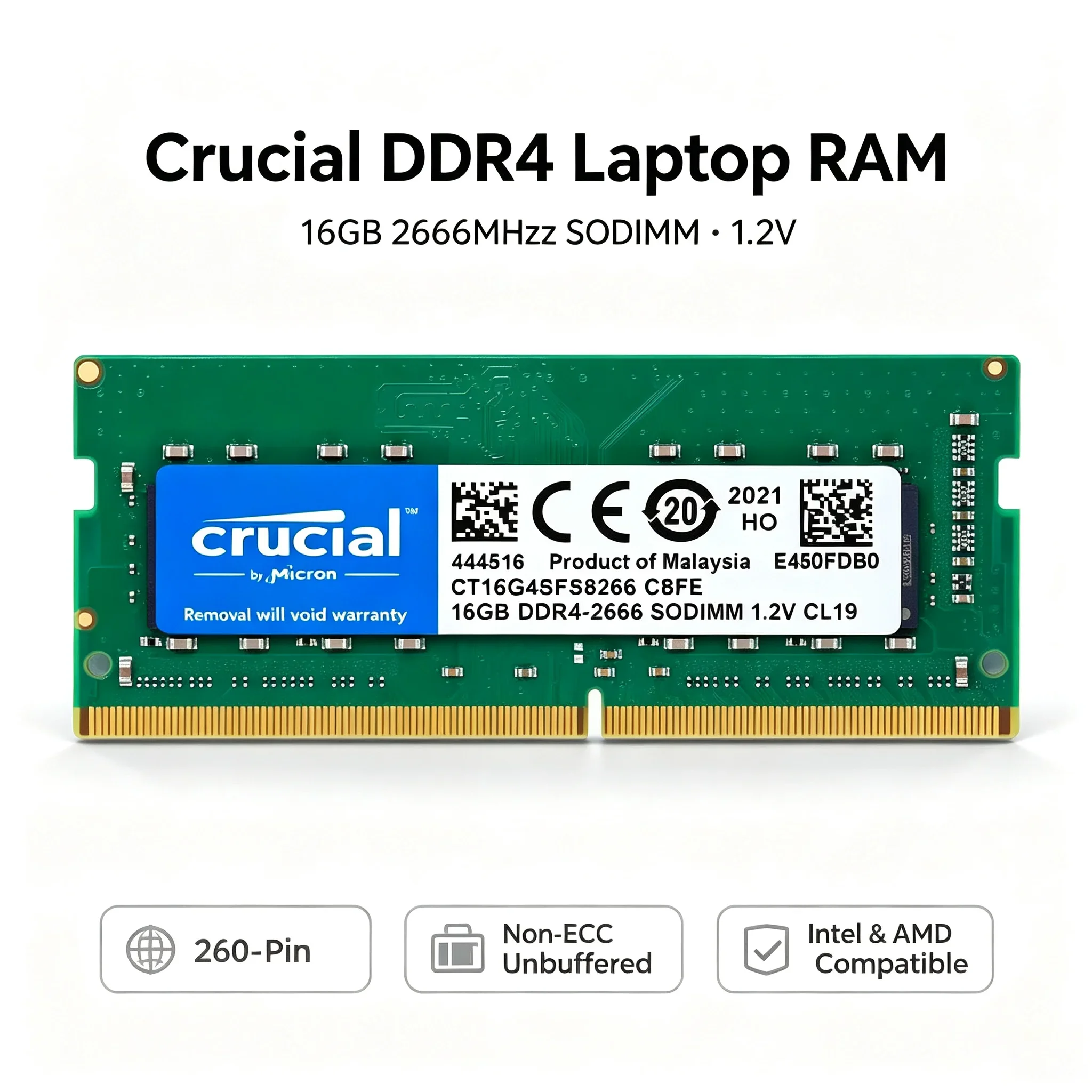 Crucial  1PCS/2PCS DDR4 Laptop RAM 16GB 2400 2666 3200MHz 8 Chips Green PCB SODIMM Notebook Memory - view 2