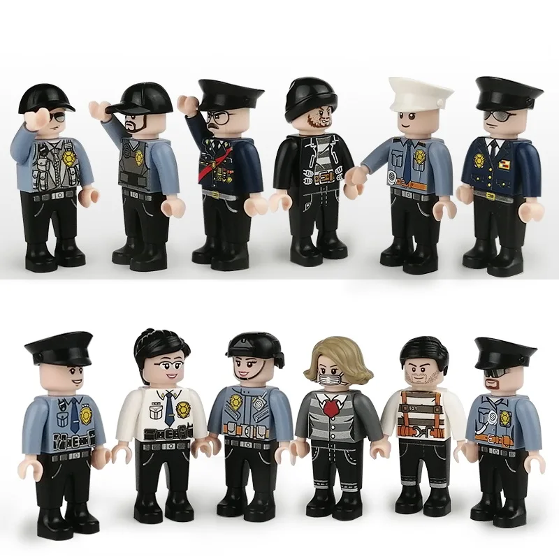 12pcs 4.5CM City Police Officer Thief Swat Mini Action Figures Parts NO Playmobil Building Blocks Educational Model Kids Toys