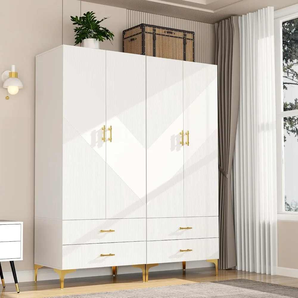 White Wooden Wardrobe with Drawers: 4 Doors - Wardrobe with 4 Drawers and 1 Hanging Rod - Cabinet Handles with Metal Feet