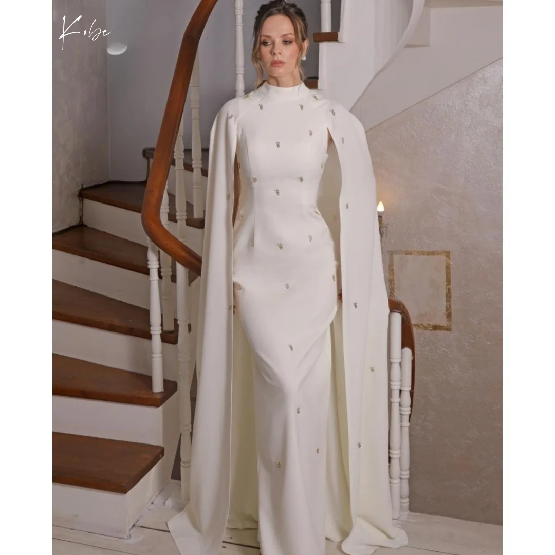 

Kobe Customized White Glitter Shawl Prom Dresses Mermaid Evening Dresses Satin Floor-Length Sleeveless Satin Party Dresses 2025