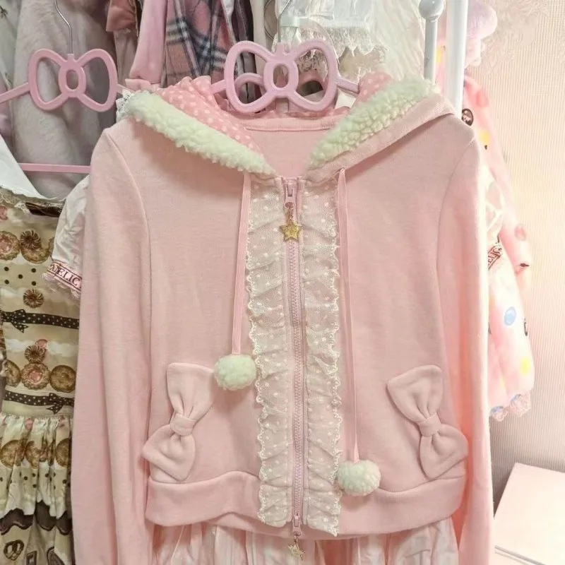 Japanese Sweet Pink Plush Collared Hooded Polka Dot Hairball Drawstring Cardigan Zipper Lace Stitching Bow Jacket