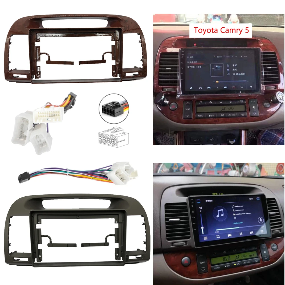 RSNAVI 9 Inch Car Radio Dashboard Facia for Toyota Camry 5 2002-2006 Auto Stereo Panel Mounting Dual Din CD DVD Frame + Harness