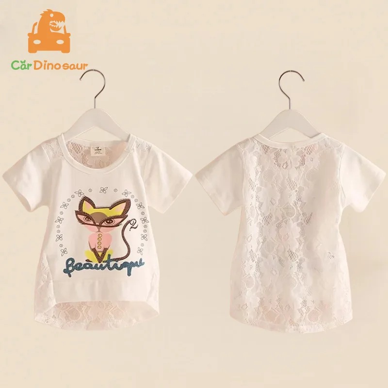2025 Summer3 4 6 8 10 12 Years Lovely Funny Cartoon Cat Print Lace Embroidery Hollow Out Short Sleeve T-Shirt For Kids Baby Girl