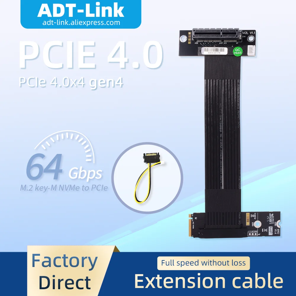 ADT-Link M2 NGFF NVMe Extension Cable to PCIE x4 Card With Built-in Corner Turning Adapter M.2 4x Gen3 32G/bps for Mini Chassis