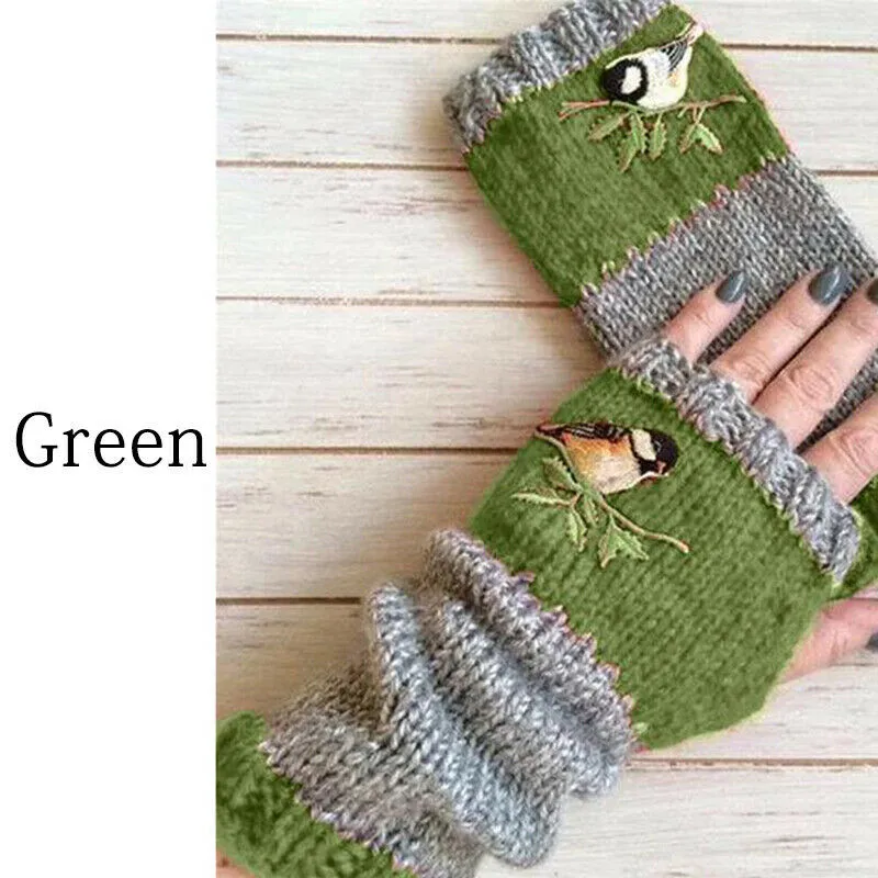 Women Embroidery Birds Gloves Cotton Fingerless Glove for Women Knitted Block Splice Mittens Girls Gloves Flip Knitting Mittens