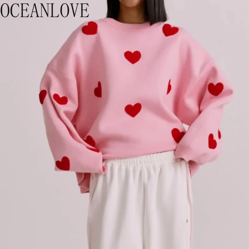 OCEANLOVE Print Love Sweet Women Sweaters Autumn Winter Vintage Thick Warm Sweet Pull Femme Ins Fashion Loose Pullovers