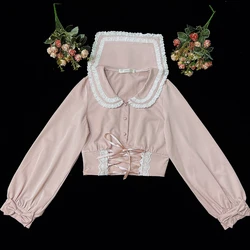 Vintage Gothic Lolita Blouses Women Kawaii Sailor Collar Bow Long Sleeve Crop Top Girls College Style Ruffles Y2K Slim Jk Shirt