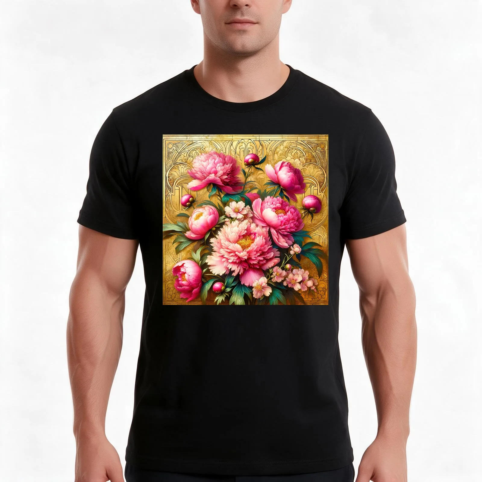Alphonse Mucha Pink Peonies T-Shirt Summer Casual Cotton Tee Oversized Streetwear Tops Vintage Graphic Print 100% Cotton