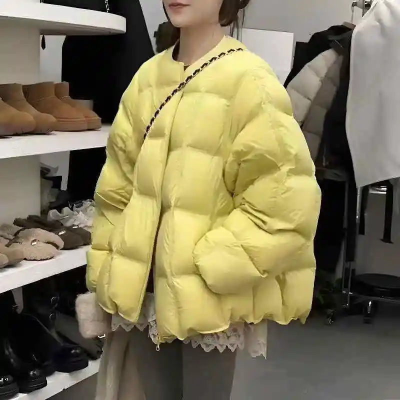 Women's Cotton Jacket 2025 Korean Edition New Autumn Winter Solid Color Round Neck Fashion Thick Warm Coat Parka Overcoat
