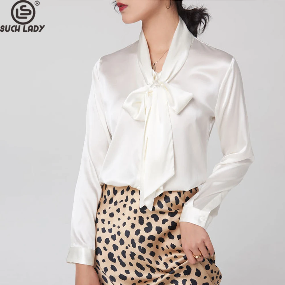 93% Silk 7% Spandex Women's Shirt Lace Up Bow Collar Long Sleeves Elegant Fashion Blouse Tops