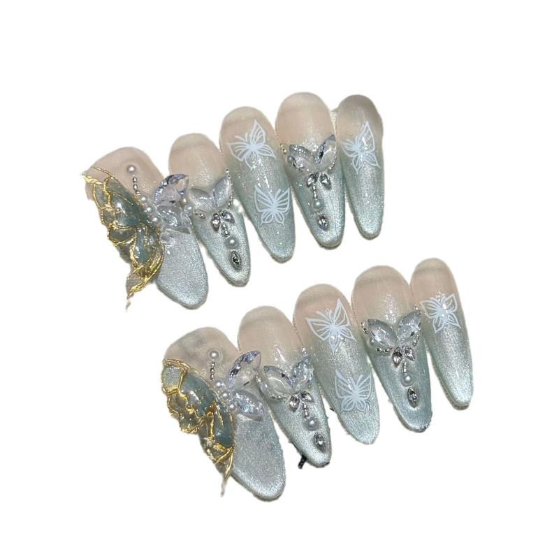 

Pure handmade wearing nail French cat eye three-dimensional butterfly steel ball chain temperament manicure