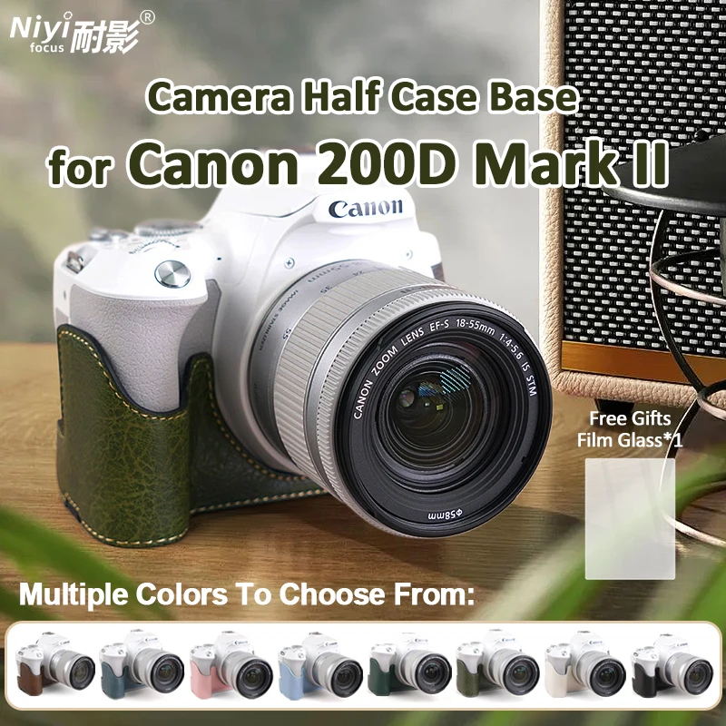 ฐานรองเค้กครึ่งกล้องสำหรับ Canon 200DII 200D Mark เคสคอมพิวเตอร์1/4สกรูฝาครอบกล้องพร้อมสายคล้องไหล่ฟิล์มกระจก