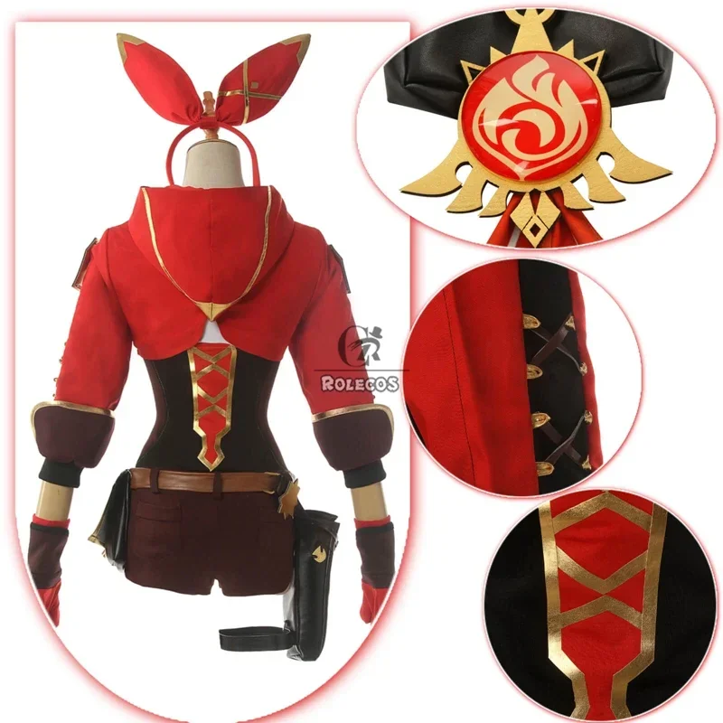 ROLECOS Game Genshin Impact Amber Cosplay Costume Amber Cosplay Costume Women Red Comtume Halloween Top Pant Uniform Full Set