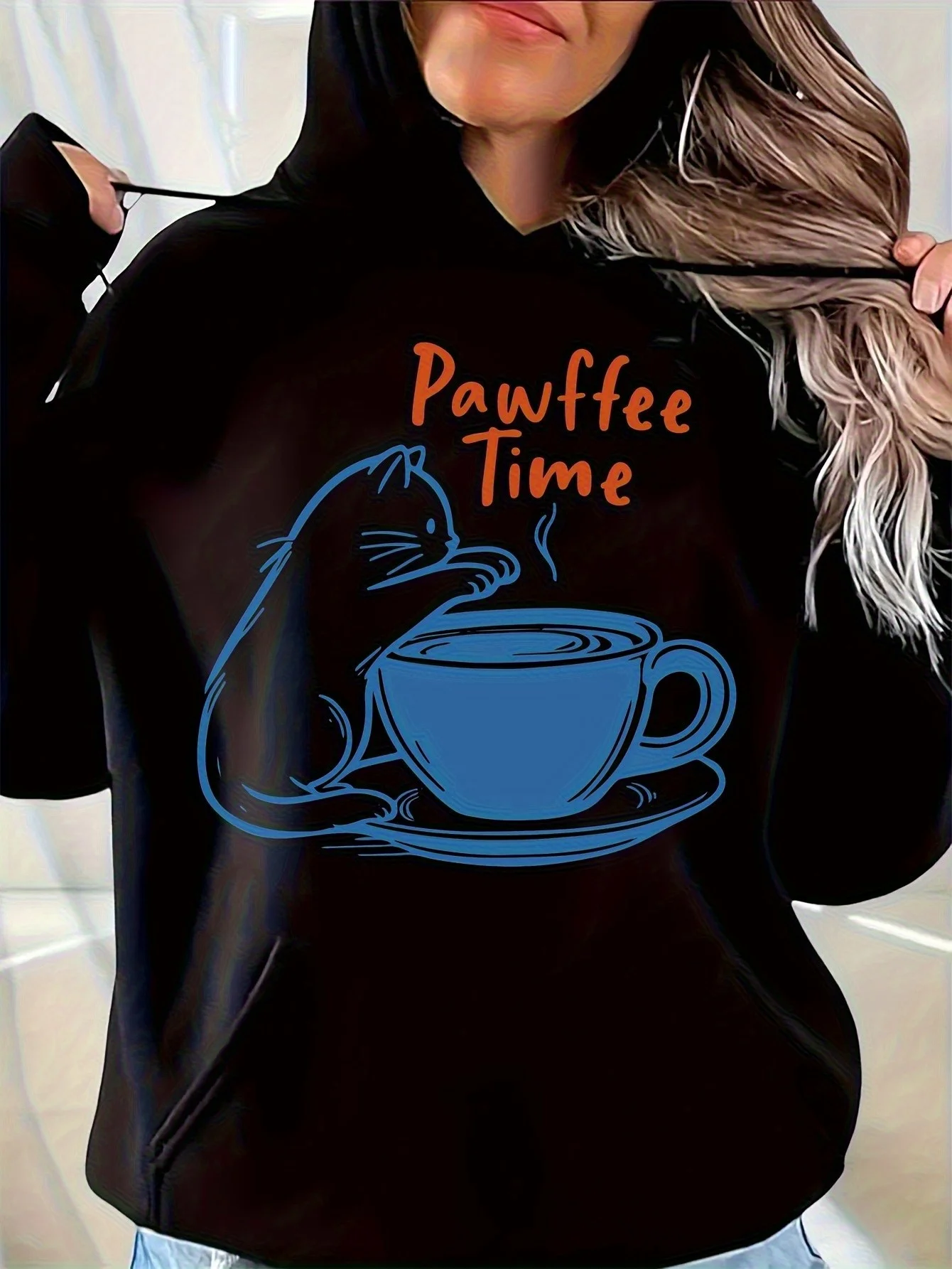سترة بقلنسوة لمحبي القطط والقهوة للرجال والنساء من Pufffei - بلوفر بطبعة Pawphee Time Cat & Coffee، سترة فضفاضة مع جيوب