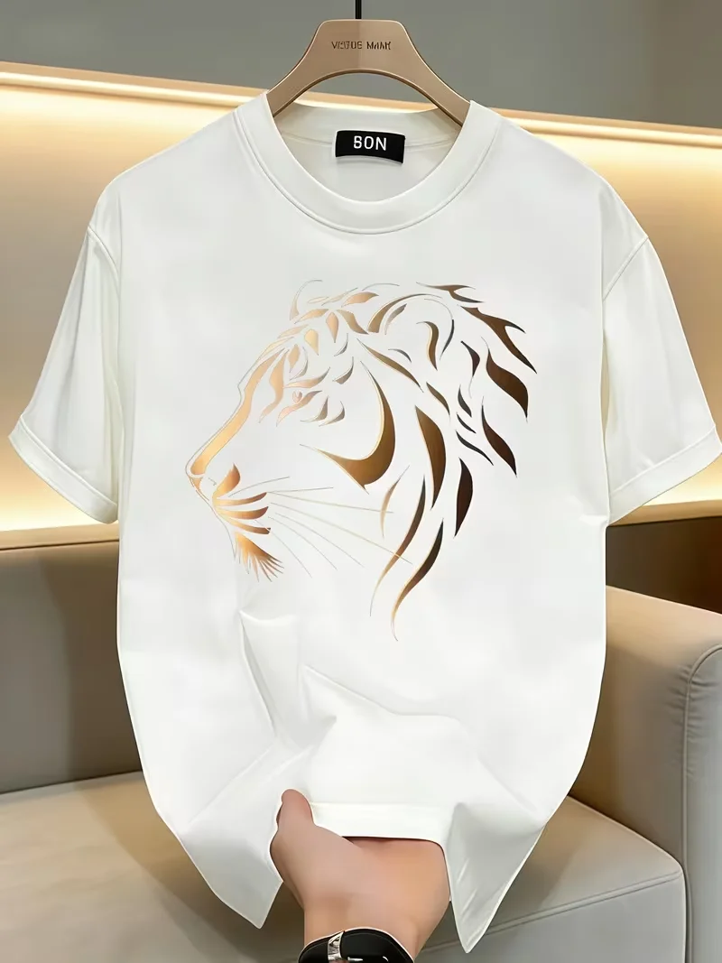 Luxury Gold Foil Tiger Print Men's T-Shirt, High Quality Casual Short Sleeve Tee, Trendy Streetwear for Men, Summer Fashion Tops