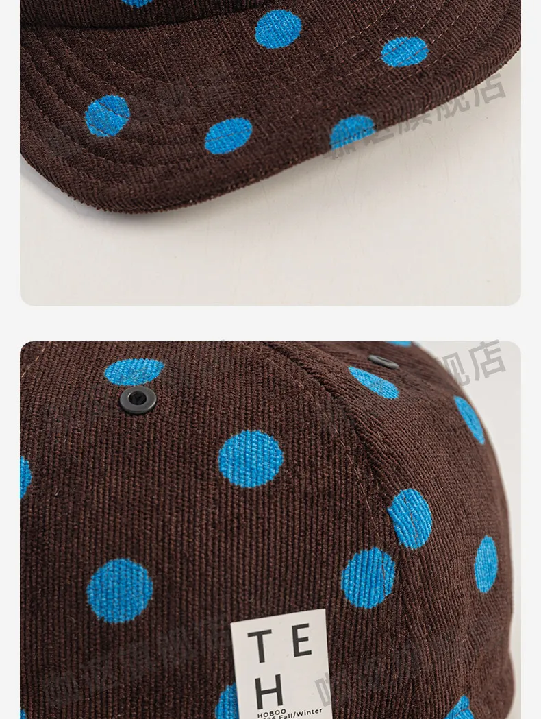 Unisex-Cord-Baseballkappe mit Polka-Dot-Muster, Vintage-Design, flacher Schirm, verstellbarer Kordelzug, Streetwear, lässig, für Herbst und Winter, warm, 5-Panel-Hüte – Detail 6