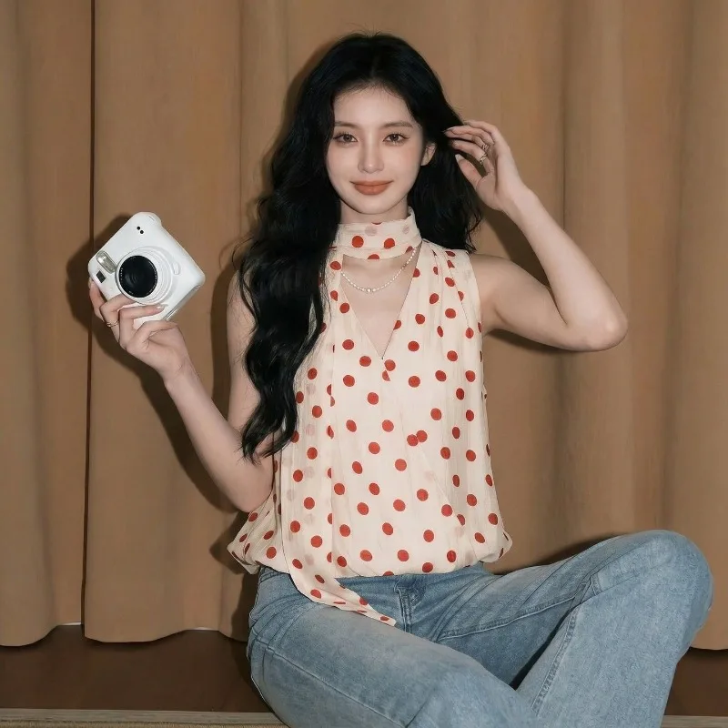 Women Clothing Summer Fashion Trend Sexy Polka Dot V-neck Sleeveless Female Chiffon Refreshing Pure Desire Wind Tank Top Top Tee