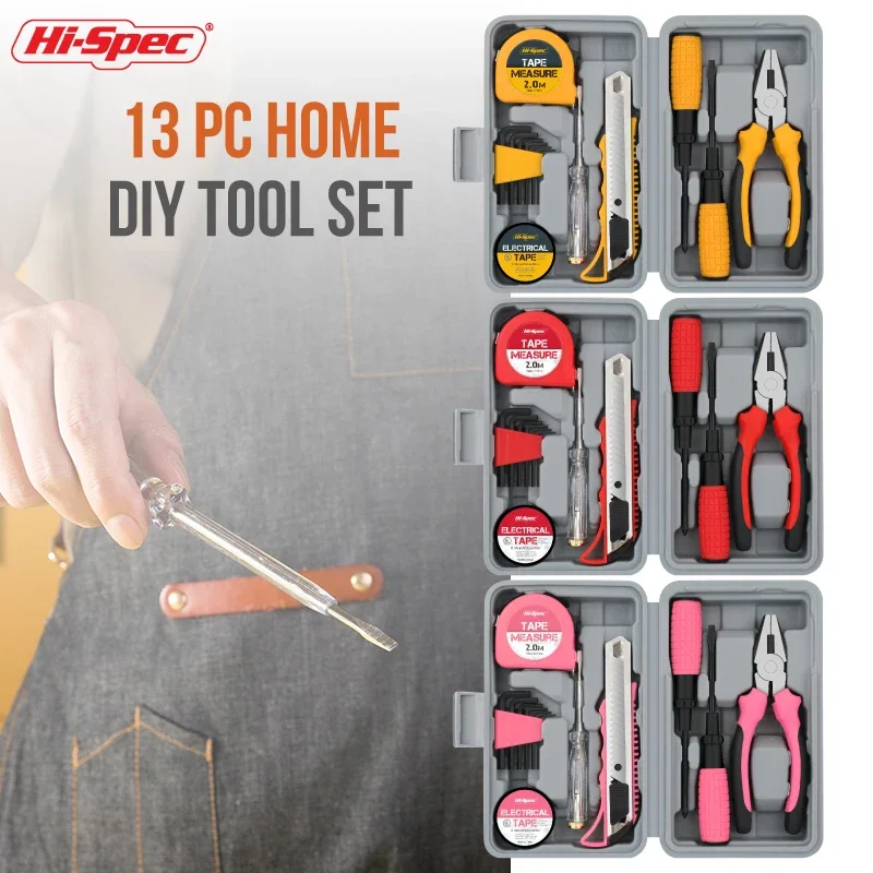 13pc Small Compact Home Office Basic DIY Hand Tool Kit Set.  Improvement Repairs in a Portable Tool Box Case