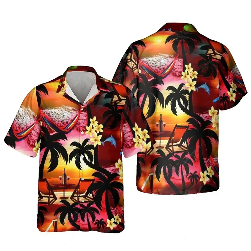 American Style Dusk Island Hammock, Red Wine Dolphin Print Short Sleeved Shirt, Men's Loose Collar Vacation Versatile Top