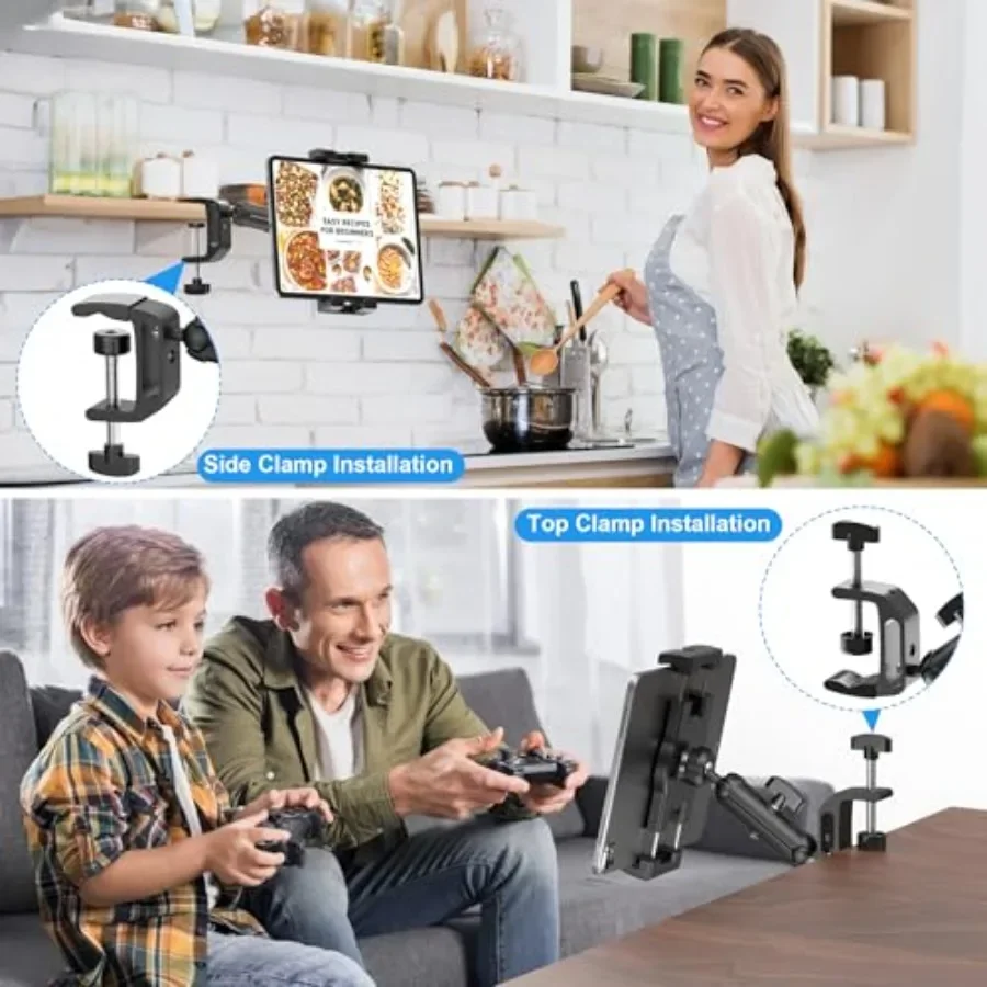 Penyangga Tablet iPad di Bawah Kabinet Dapur, Penyangga Tablet iPad di Meja dengan Penjepit, Basis Aluminium, Lengan Logam, Rotasi 360 Derajat, Kompatibel dengan