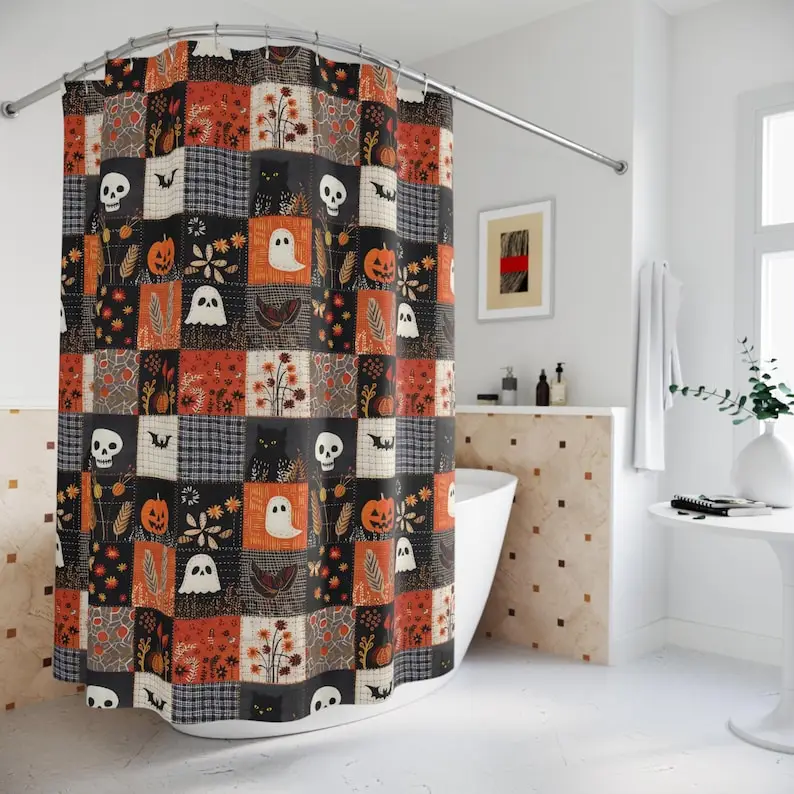 Spooky Halloween Shower Curtain, Cute Orange Patchwork Style Ghost Bathroom Decor