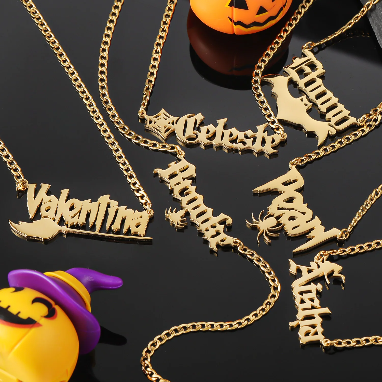 Custom Pumpkin Name Necklace 18K Gold Plated Handmade Jewelry Gothic Name Necklace Personalized Jewelry Halloween Gift for Women