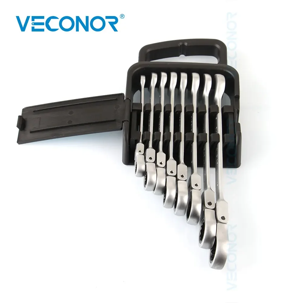 8Pcs Ratchet Wrench of Key Set Ratcheting Spanner Tools Dull Polish 8-19mm Size 72T Flexible Head