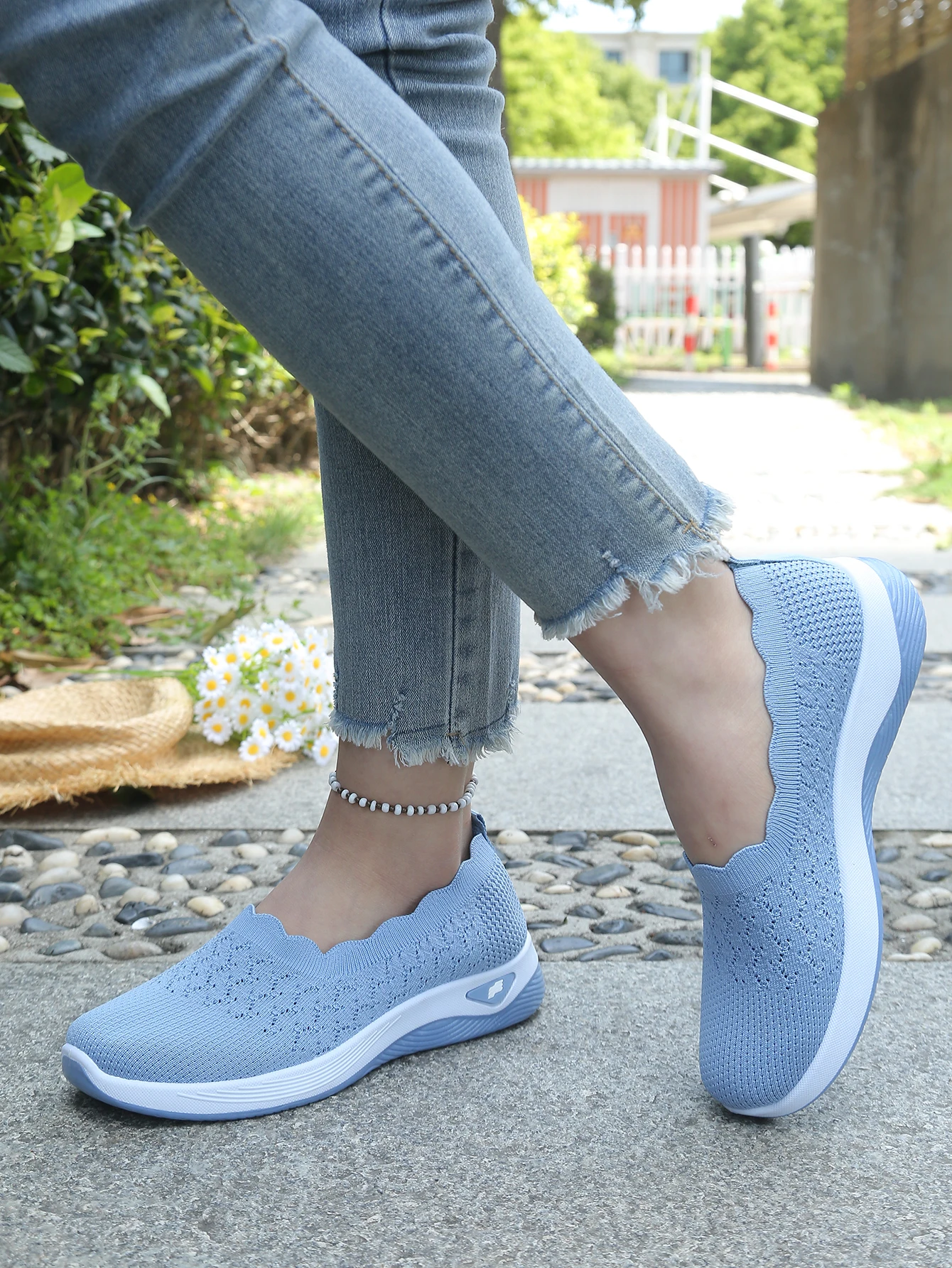 Damen-Slip-On-Freizeitsneaker aus Strick, atmungsaktive, leichte Komfort-Wanderschuhe mit Muschelbesatz, kostenloser Versand – Detail 5