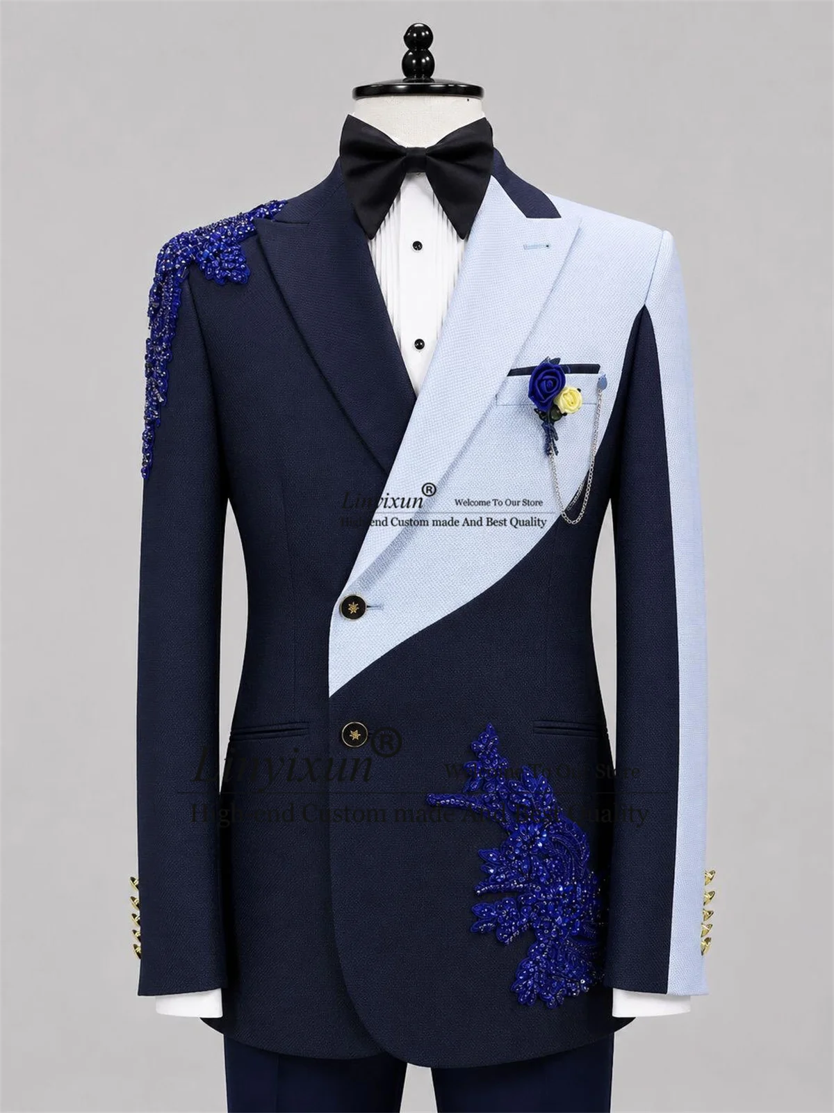 Luxury Appliques Beaded Tuxedo Men Suit Customized Groom Party Male Blazers Fashion Splice 2 Pcs Wedding Party Costume Homme